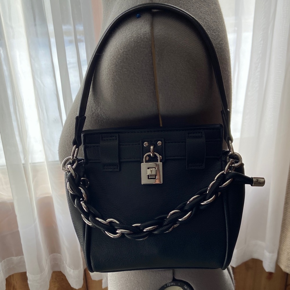 Madden NYC Black Chain-Embellished Satchel Bag with Crossbody Strap Like New